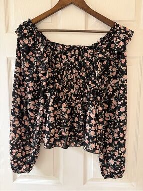 Cupshe Black Floral Smocked Off-Shoulder Blouse with Pink Blooms Size M
